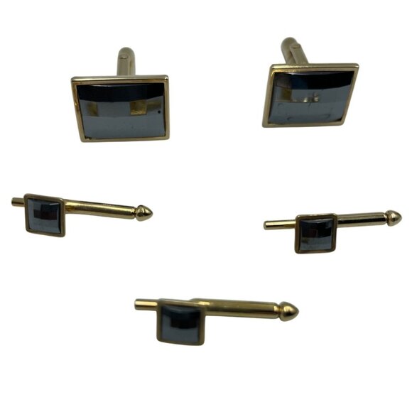 Swank Formal Wear 5 pc Cuff link Stud Set orig box Faceted Black Gold Tone Tux - Picture 2 of 16